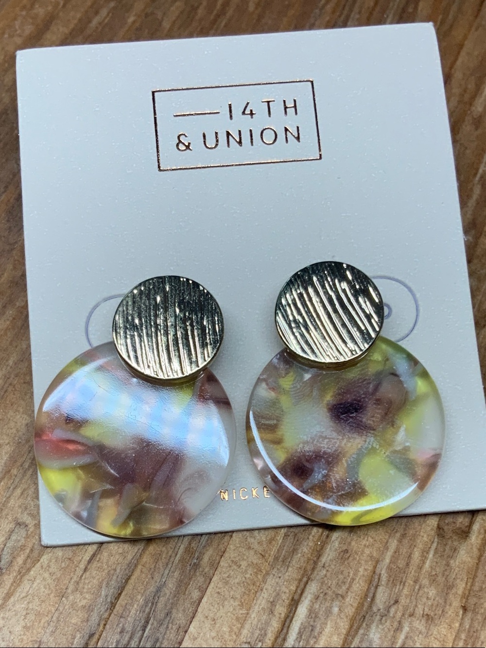 14th & Union Marbled Yellow and Mauve Disc Drop with Gold Tops Earrings